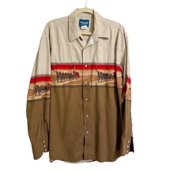 Wrangler Other - Vintage 90s Wrangler Western Pearl Snap Horse Wagon Print Shirt XL Cowboy Ranch